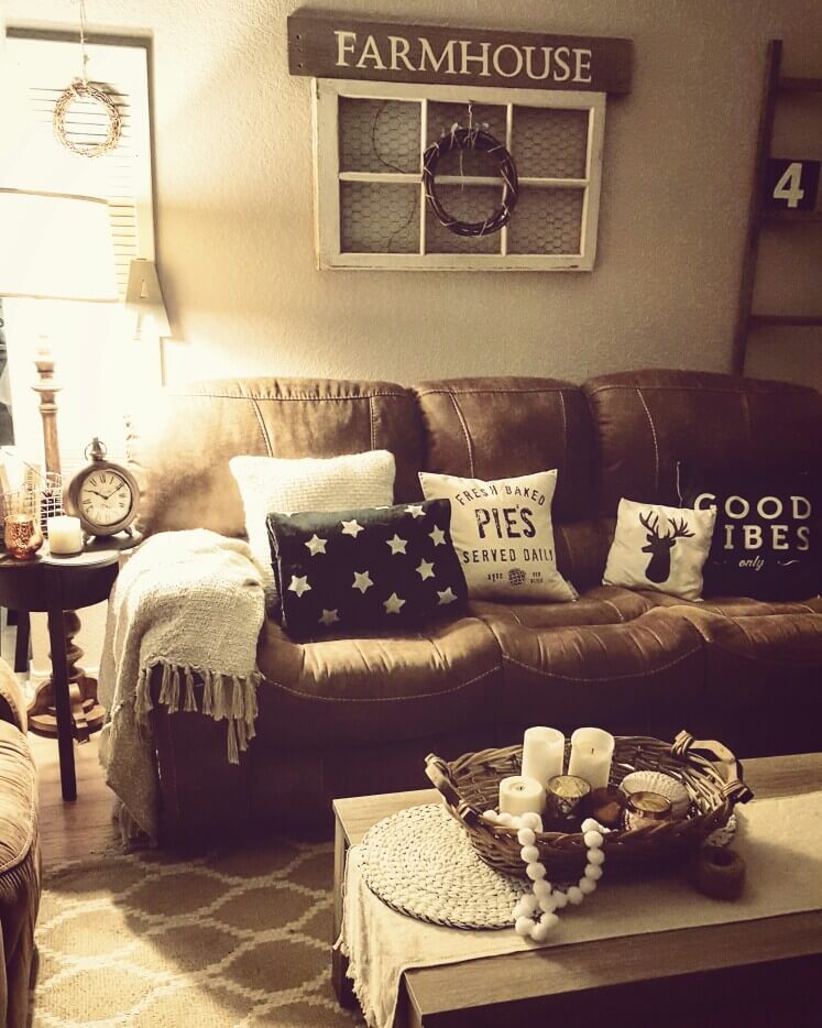 living brown decor farmhouse rustic couch cozy above rooms decoration primitive sofa decorating window sign furniture repurposed walls pillows decorate